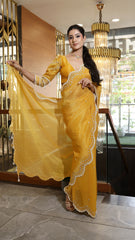 GOLD YELLOW PURE TISSUE SILK HAND EMBROIDERD SAREE