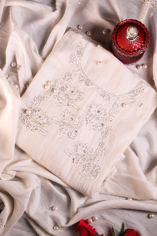 White Unstitched Chikankari Mul Chanderi Suit