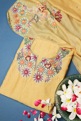 Mustard Yellow Unstitched Party Wear Mul Chanderi Suit