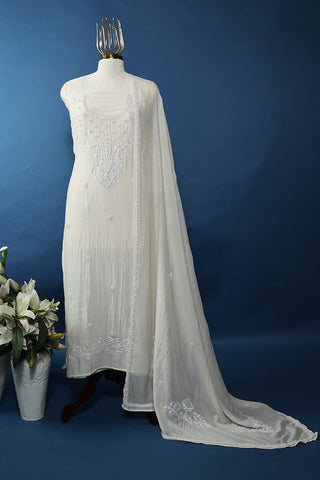 White Unstitched Chikankari Mul Chanderi Suit