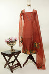Burnt Orange Hand Painted Organza Suit With Adornments