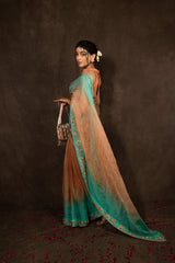 Aquamarine and Peach Organza Saree