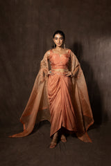 Peach Bustier Shrug And Drape Indo-Western