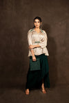Beige Shirt With Bottle Green Drape Skirt