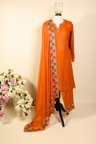 Rust Orange Viscose Georgette Semi Stitched Suit