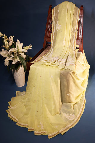 Lime Yellow Mul Chanderi Chikankari Saree