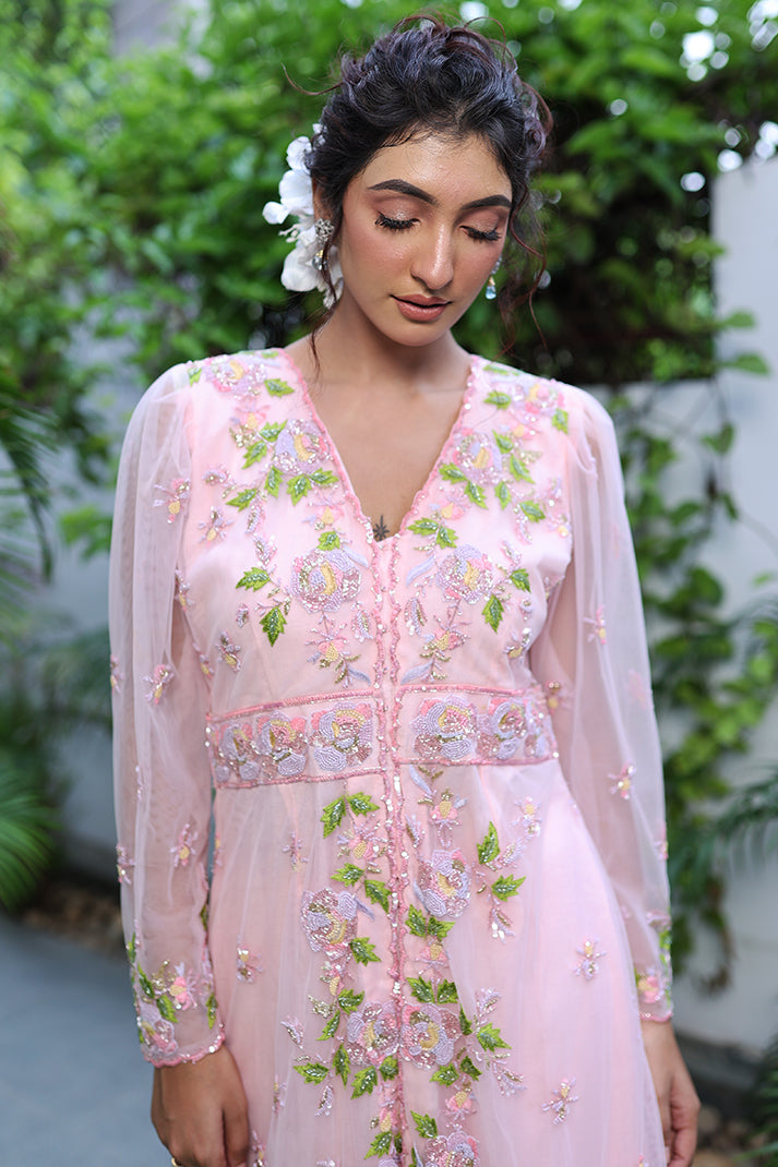 Powder Pink Hand-Embroidered Front-Open Dress Ganpati Collection Powder Pink Hand-Embroidered Front-Open Dress Ganpati Collection