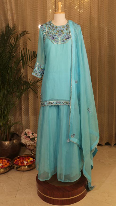 AQUA BLUE HAND EMBROIDERED SHARARA SUIT – Ganpati Collection