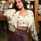 BEIGE SELF EMBROIDERED JACKET WITH BUSTIER &amp; METALLIC WINE SKIRT