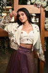 BEIGE SELF EMBROIDERED JACKET WITH BUSTIER &amp; METALLIC WINE SKIRT