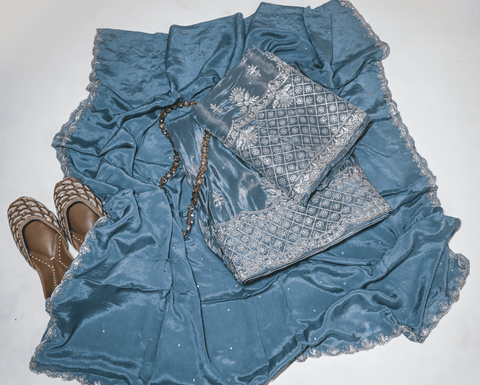 Pecific Blue Tissue Silk Unstitched Lehenga