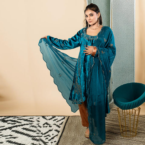 TEAL BLUE HAND EMBROIDERED HIGH & LOW SUIT SET