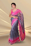 Magenta Pink and  Slate Grey Ombrey Shade Organza Saree