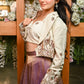 BEIGE SELF EMBROIDERED JACKET WITH BUSTIER &amp; METALLIC WINE SKIRT