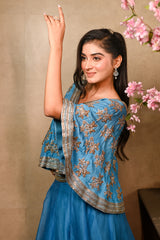 ELECTRIC BLUE HAND EMBROIDERED CAPE AND SKIRT, BUSTIER